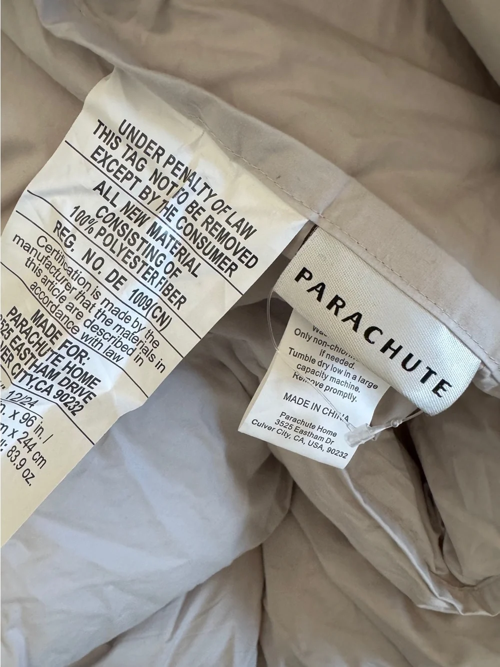 PARACHUTE Organic Cotton Puff Comforter $339 LIKE NEW BONE Full / Queen